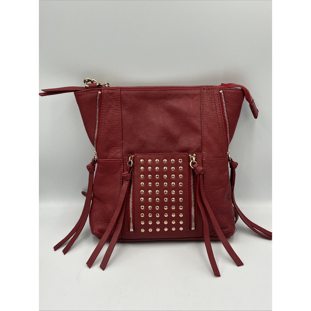 Pebbled Red Leather Kooba Crossbody Shoulder Bag Studded Rock Grunge Punk Y2K